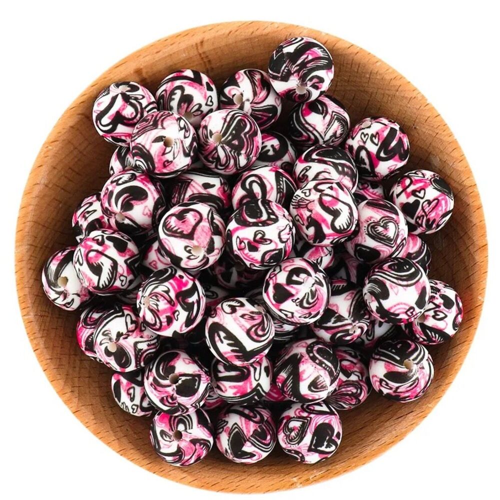 15mm Round Printed Silicone Beads - Pack of 5 - SB061 Pink/Black